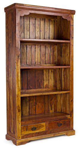 Bibliothèque en bois d'acacia massif finition rustique marron 4 étagères 2 tiroirs Kastela 100 cm - Photo n°2; ?>