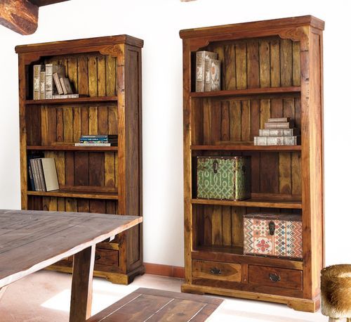 Bibliothèque en bois d'acacia massif finition rustique marron 4 étagères 2 tiroirs Kastela 100 cm - Photo n°3; ?>