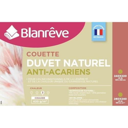 BLANREVE Couette Naturelle Duvet Percale de Coton - Anti-acariens - 240x260cm - Photo n°2; ?>