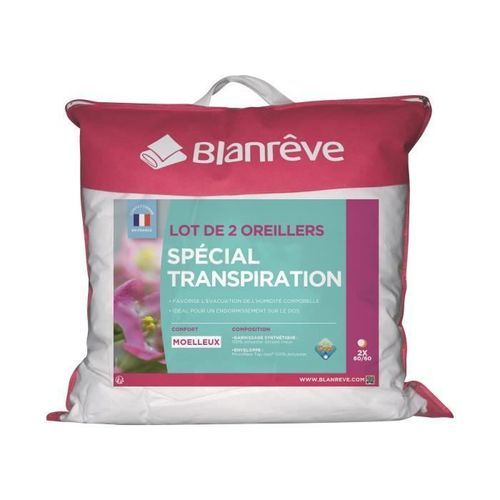 BLANREVE Lot de 2 Oreillers Spécial Transpiration - 60 x 60 cm - Blanc - Photo n°2; ?>