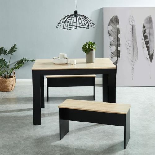 BLOOM Ensemble repas table + 2 bancs - Décor chene et noir - Style industriel - L 100 x P 70 x H 70,5 cm - Photo n°3; ?>