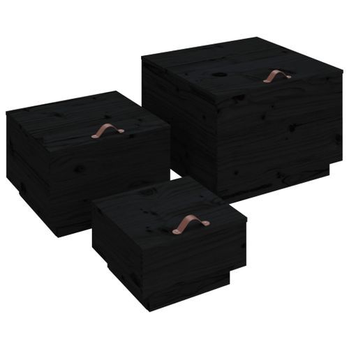 Boîtes de rangement et couvercles 3 pcs Noir Bois massif de pin - Photo n°2; ?>