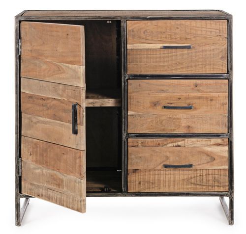 Buffet 1 porte 3 tiroirs bois d'acacia clair et pieds acier vieilli Kadone 90 cm - Photo n°3; ?>