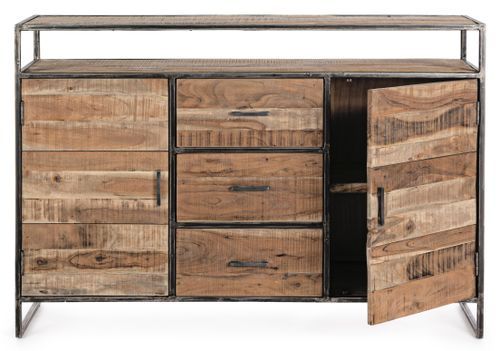 Buffet 2 portes 3 tiroirs bois d'acacia clair et acier vieilli Kadone 150 cm - Photo n°3; ?>