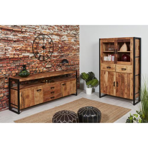 Buffet 2 portes 3 tiroirs bois de manguier et acier noir Bela 180 cm - Photo n°3; ?>