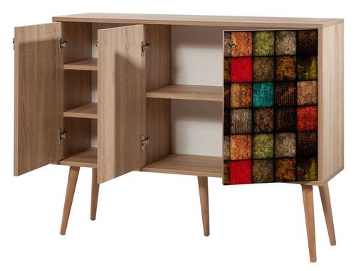 Buffet 3 portes en bois clair et damier multicolors Kiza 723 - Photo n°3; ?>