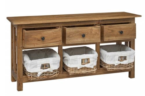 Buffet 3 tiroirs 3 paniers en rotin amovibles Mostane 100 cm - Bois d'acajou massif - Photo n°2; ?>