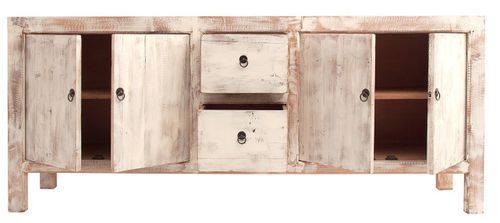 Buffet 4 portes 2 tiroirs pin massif recyclé blanc décapé Maggi - Photo n°2; ?>