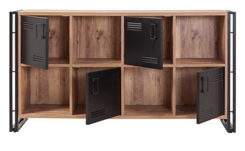 Buffet 4 portes 4 niches style industriel bois chêne clair et métal noir Dukita 164 cm - Photo n°3; ?>
