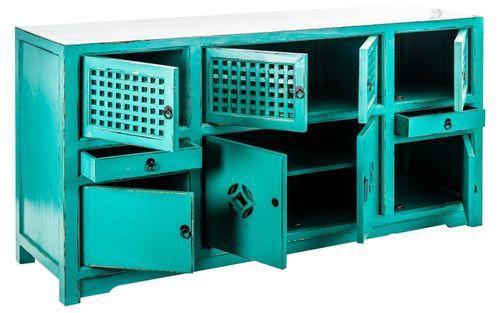 Buffet 8 portes 2 tiroirs pin massif recyclé turquoise Arjun - Photo n°3; ?>