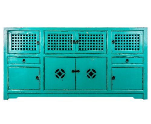Buffet 8 portes 2 tiroirs pin massif recyclé turquoise Arjun - Photo n°2; ?>