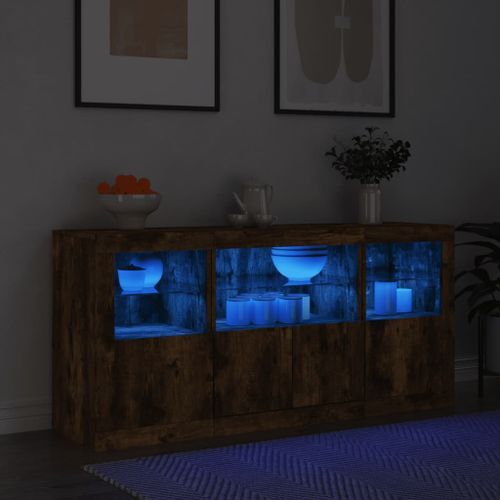 Buffet avec lumières LED chêne fumé 142,5x37x67 cm - Photo n°2; ?>