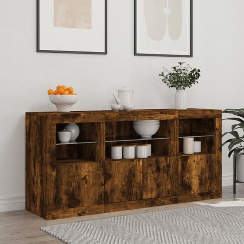 Buffet avec lumières LED chêne fumé 142,5x37x67 cm - Photo n°3; ?>