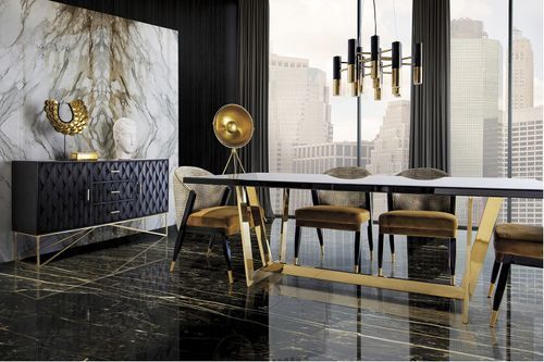 Buffet 2 portes 3 tiroirs bois massif de Manguier noir et métal doré Perko 152 cm - Photo n°3; ?>