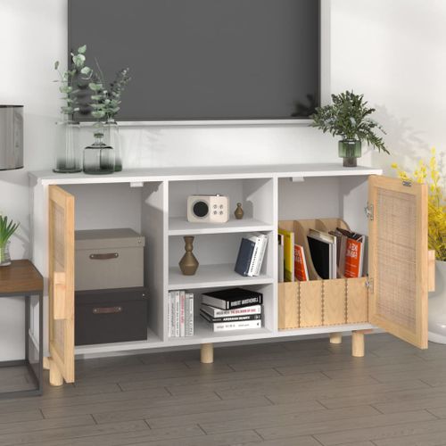 Buffet Blanc 105x30x60 cm Bois de pin massif et rotin naturel - Photo n°3; ?>