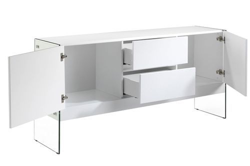 Buffet design 2 portes 2 tiroirs Lorena 180 cm - Laqué blanc et pieds verre trempé - Photo n°2; ?>