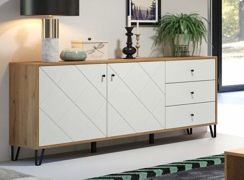 Buffet en bois MDF blanc et bois clair 2 portes 3 tiroirs Kidou L 183 cm - Photo n°2; ?>