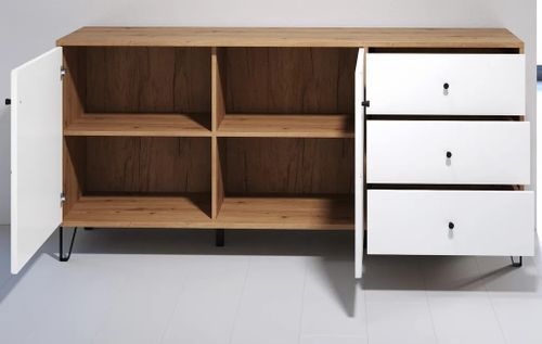 Buffet en bois MDF blanc et bois clair 2 portes 3 tiroirs Kidou L 183 cm - Photo n°3; ?>