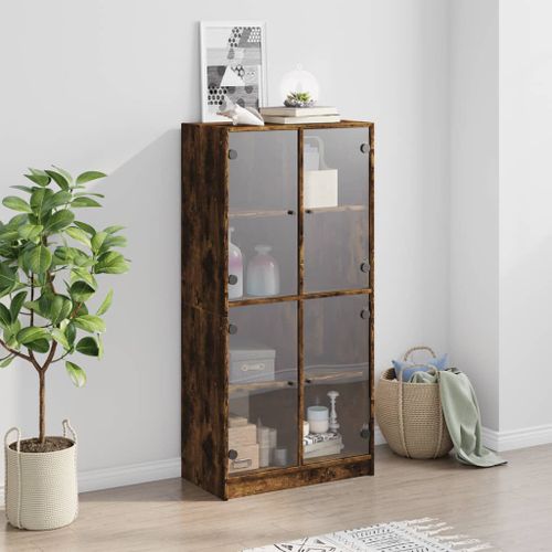 Buffet haut avec portes chêne fumé 68x37x142 cm bois ingénierie - Photo n°3; ?>