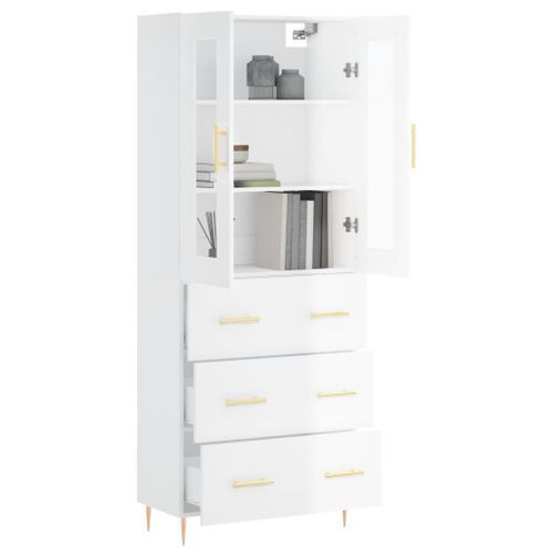 Buffet haut Blanc brillant 69,5x34x180 cm Bois d'ingénierie - Photo n°3; ?>