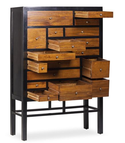 Buffet haut en bois massif de Mindy noir et naturel 18 tiroirs Ranka 100 cm - Photo n°2; ?>