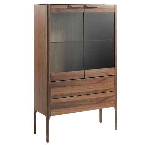 Buffet haut lumineux 2 portes 2 tiroirs Kala 99 cm - Noyer et verre trempé - Photo n°2; ?>