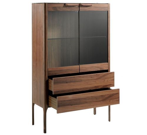 Buffet haut lumineux 2 portes 2 tiroirs Kala 99 cm - Noyer et verre trempé - Photo n°3; ?>