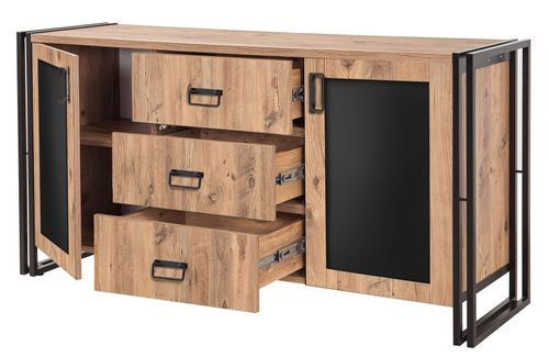 Buffet industriel 2 portes 3 tiroirs bois naturel et acier noir Linko 160 cm - Photo n°2; ?>