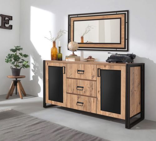 Buffet industriel 2 portes 3 tiroirs bois naturel et acier noir Linko 160 cm - Photo n°3; ?>