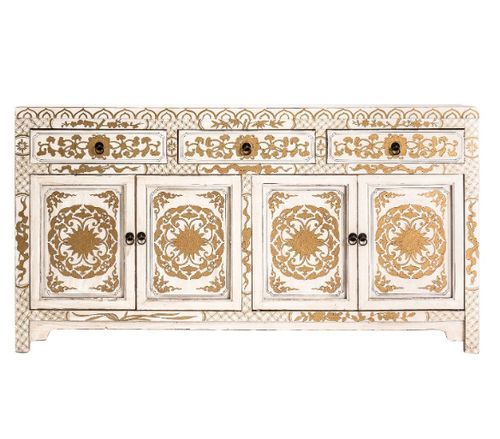 Buffet oriental 4 portes 3 tiroirs orme massif blanc et doré Muy - Photo n°2; ?>