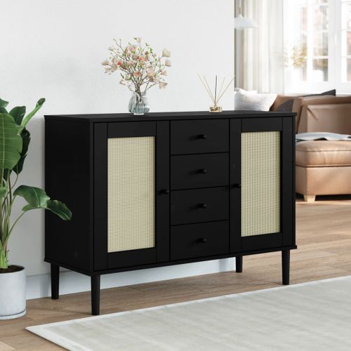 Buffet SENJA aspect rotin noir 112x40x80cm bois massif de pin - Photo n°2; ?>