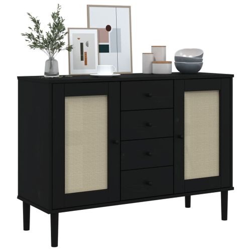 Buffet SENJA aspect rotin noir 112x40x80cm bois massif de pin - Photo n°3; ?>