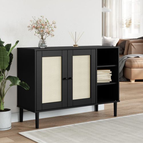 Buffet SENJA aspect rotin noir 112x40x80cm bois massif de pin - Photo n°2; ?>