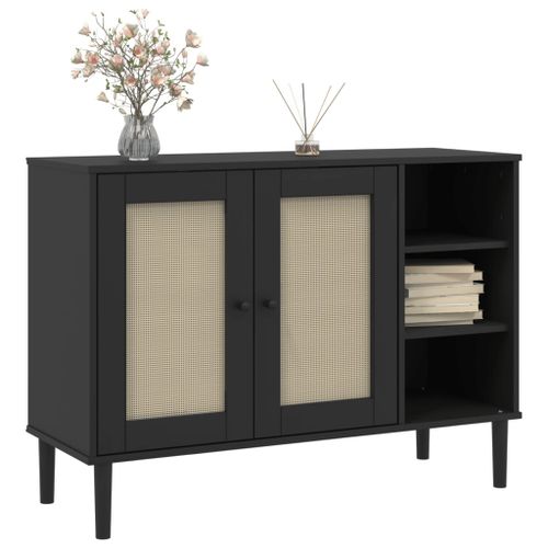 Buffet SENJA aspect rotin noir 112x40x80cm bois massif de pin - Photo n°3; ?>