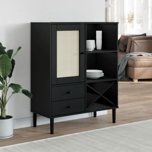 Buffet SENJA aspect rotin noir 90x40x112cm bois massif de pin - Photo n°2; ?>