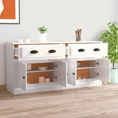 Buffets 2 pcs blanc brillant bois d'ingénierie - Photo n°3; ?>