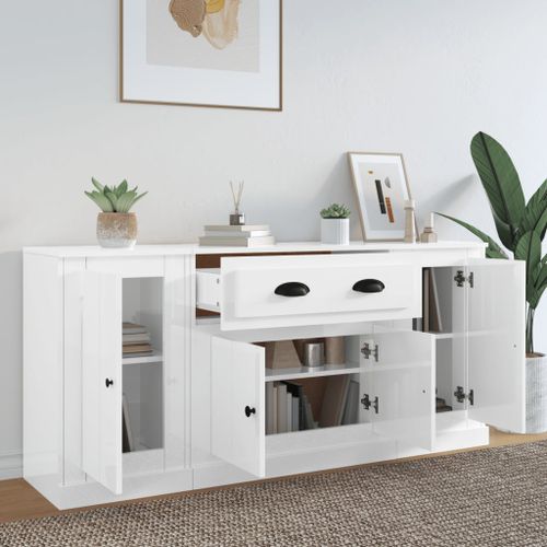 Buffets 3 pcs blanc brillant bois d'ingénierie - Photo n°3; ?>