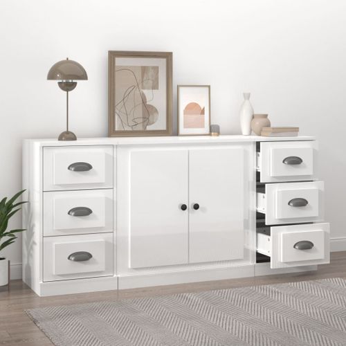 Buffets 3 pcs blanc brillant bois d'ingénierie - Photo n°3; ?>