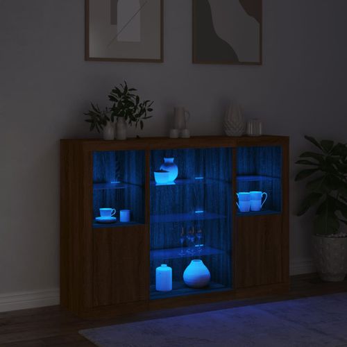 Buffets avec lumières LED 3 pcs chêne brun bois d'ingénierie - Photo n°3; ?>