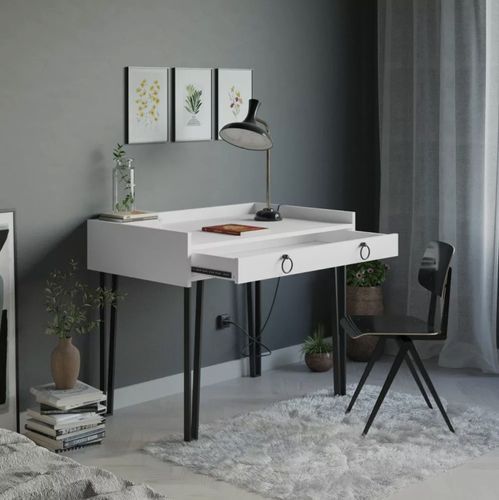 Bureau 1 tiroir bois blanc avec des pieds en métal noir Louza 100 cm - Photo n°3; ?>