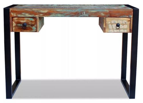 Bureau 2 tiroirs 1 porte bois massif recyclé multicolore et métal noir Moust 110 cm - Photo n°2; ?>