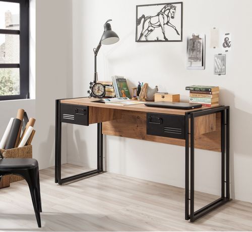 Bureau 2 tiroirs style industriel bois chêne clair et métal noir Dukita 139 cm - Photo n°2; ?>