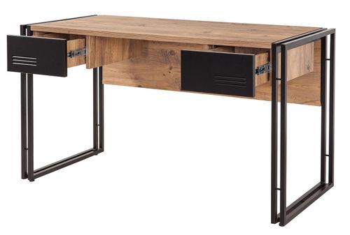 Bureau 2 tiroirs style industriel bois chêne clair et métal noir Dukita 139 cm - Photo n°3; ?>
