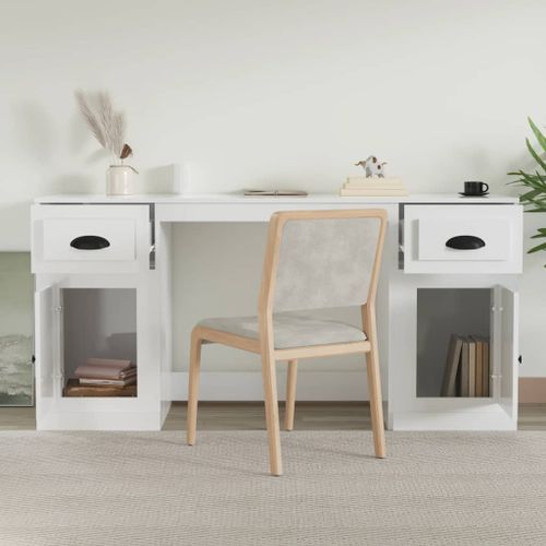 Bureau avec armoire blanc brillant bois d'ingénierie - Photo n°3; ?>