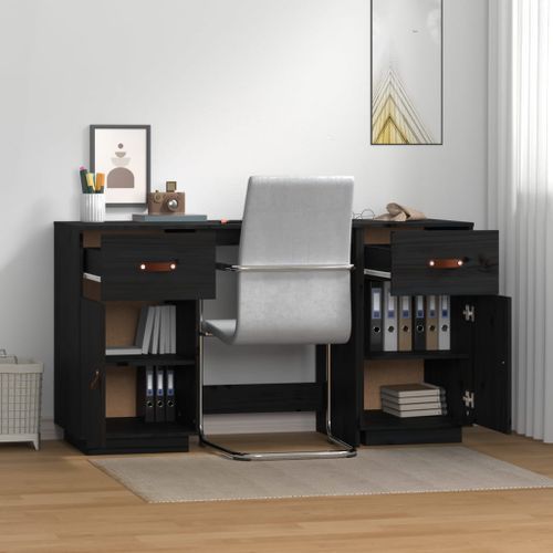 Bureau avec armoires Noir 135x50x75 cm Bois massif de pin - Photo n°3; ?>