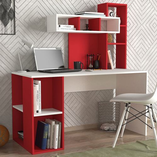 Bureau avec étagère intégré bois rouge et blanc Ciska 120 - Photo n°2; ?>