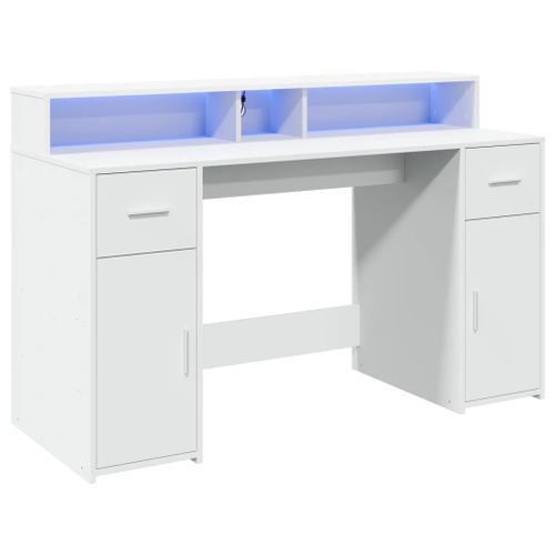 Bureau avec lumières LED blanc 140x55x91 cm bois d'ingénierie - Photo n°3; ?>