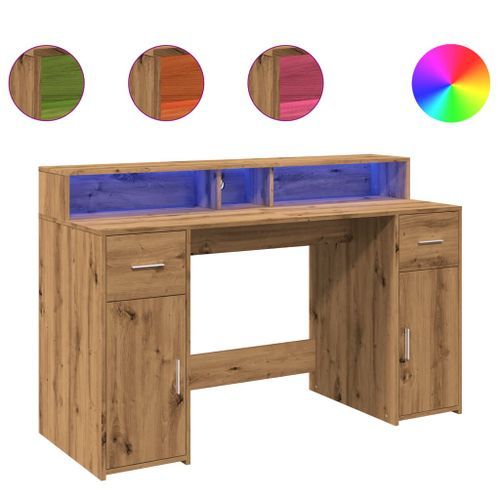 Bureau avec lumières LED chêne artisanal bois d'ingénierie - Photo n°2; ?>