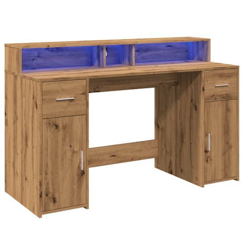 Bureau avec lumières LED chêne artisanal bois d'ingénierie - Photo n°3; ?>