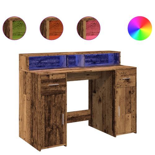 Bureau avec lumières LED vieux bois bois d'ingénierie - Photo n°2; ?>